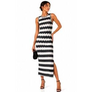 Milly Asymmetric Zig Zag Metallic Knit Midi Dress Black Ecru Sleeveless L
